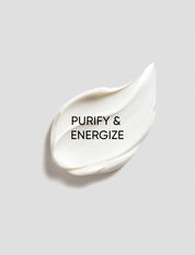 White cream smear on a light gray background with 'Purify & Energize' text.