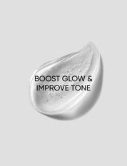 Silver droplet with text 'Boost Glow & Improve Tone' on a gray background