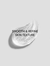Skin care product droplet with 'Smooth & Refine Skin Texture' text on a light gray background
