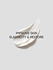 White cream swatch on a light gray background with text 'Improve Skin Elasticity & Restore'.
