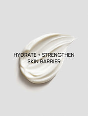 White cream swatch on a light gray background with text 'Hydrate + Strengthen Skin Barrier'.