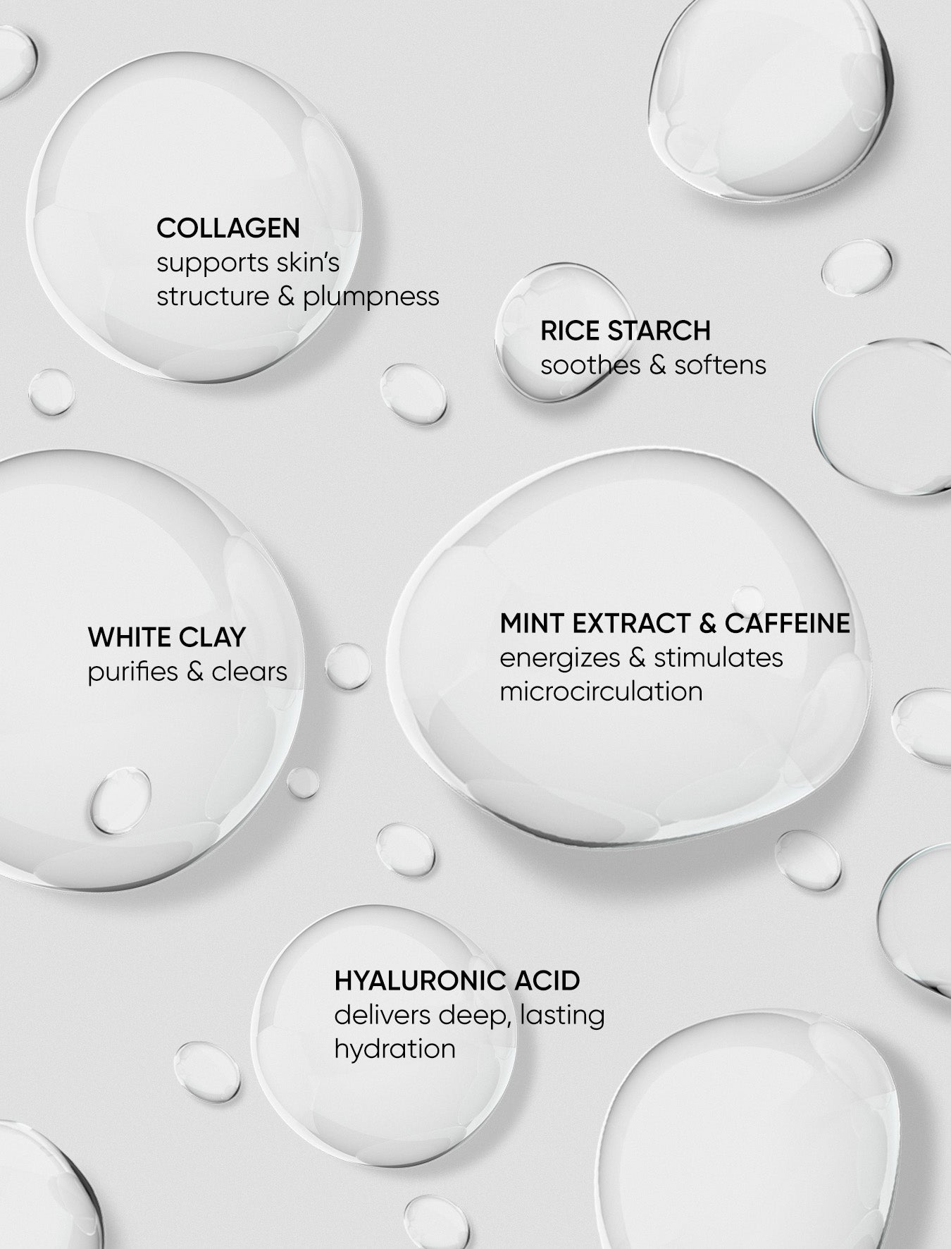 Skincare product droplets with text on a light gray background
