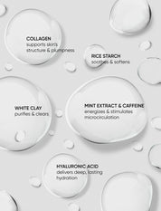Skincare product droplets with text on a light gray background