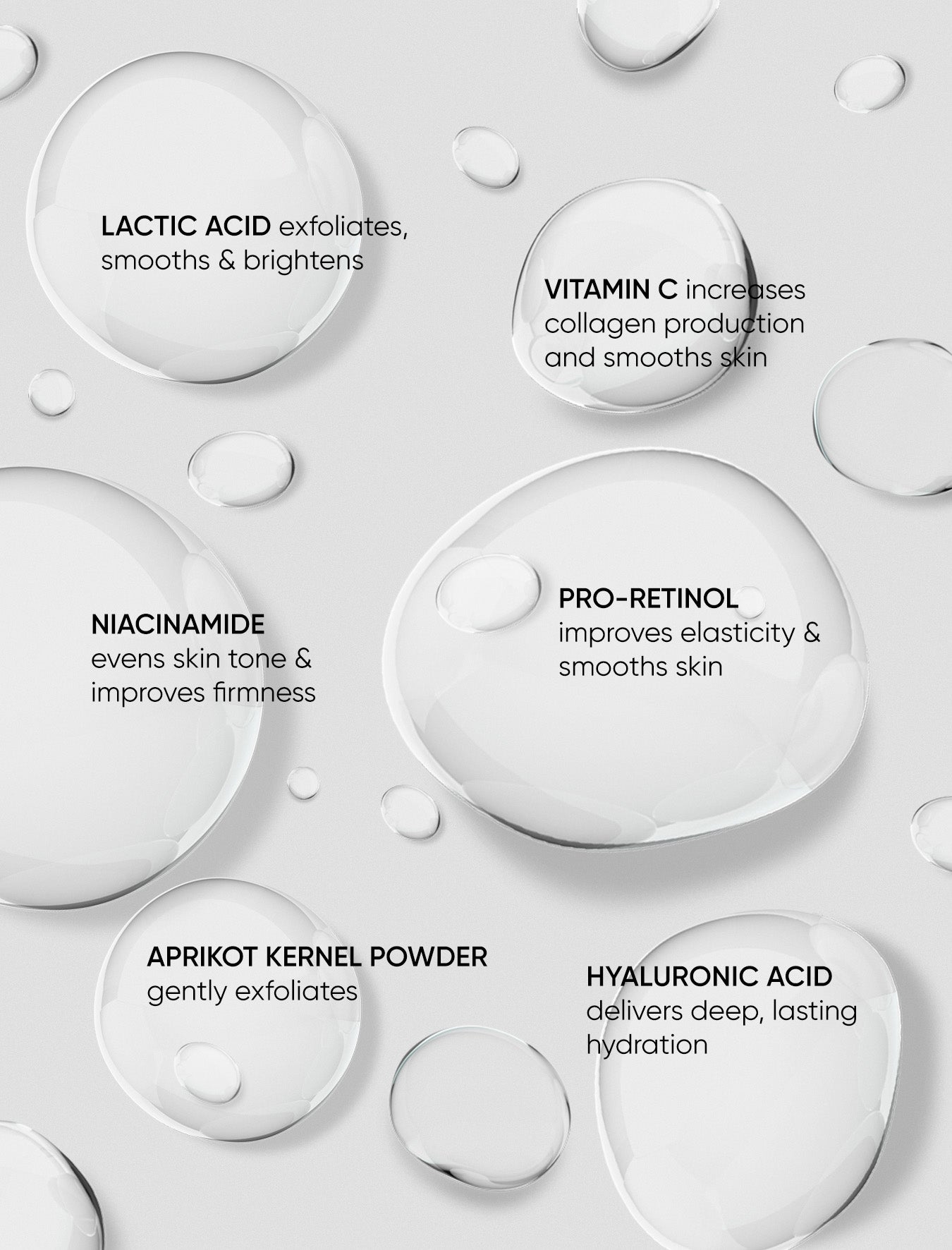 Skincare product droplets with text on a light gray background