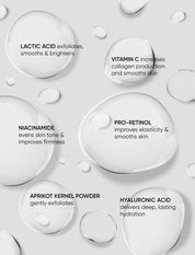 Skincare product droplets with text on a light gray background