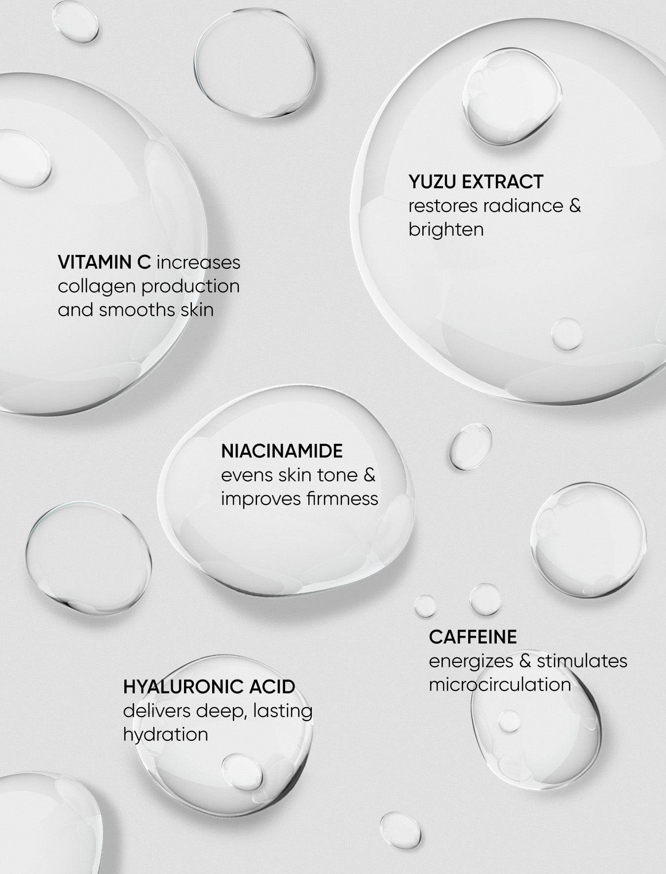 Skincare product droplets with text on a white background
