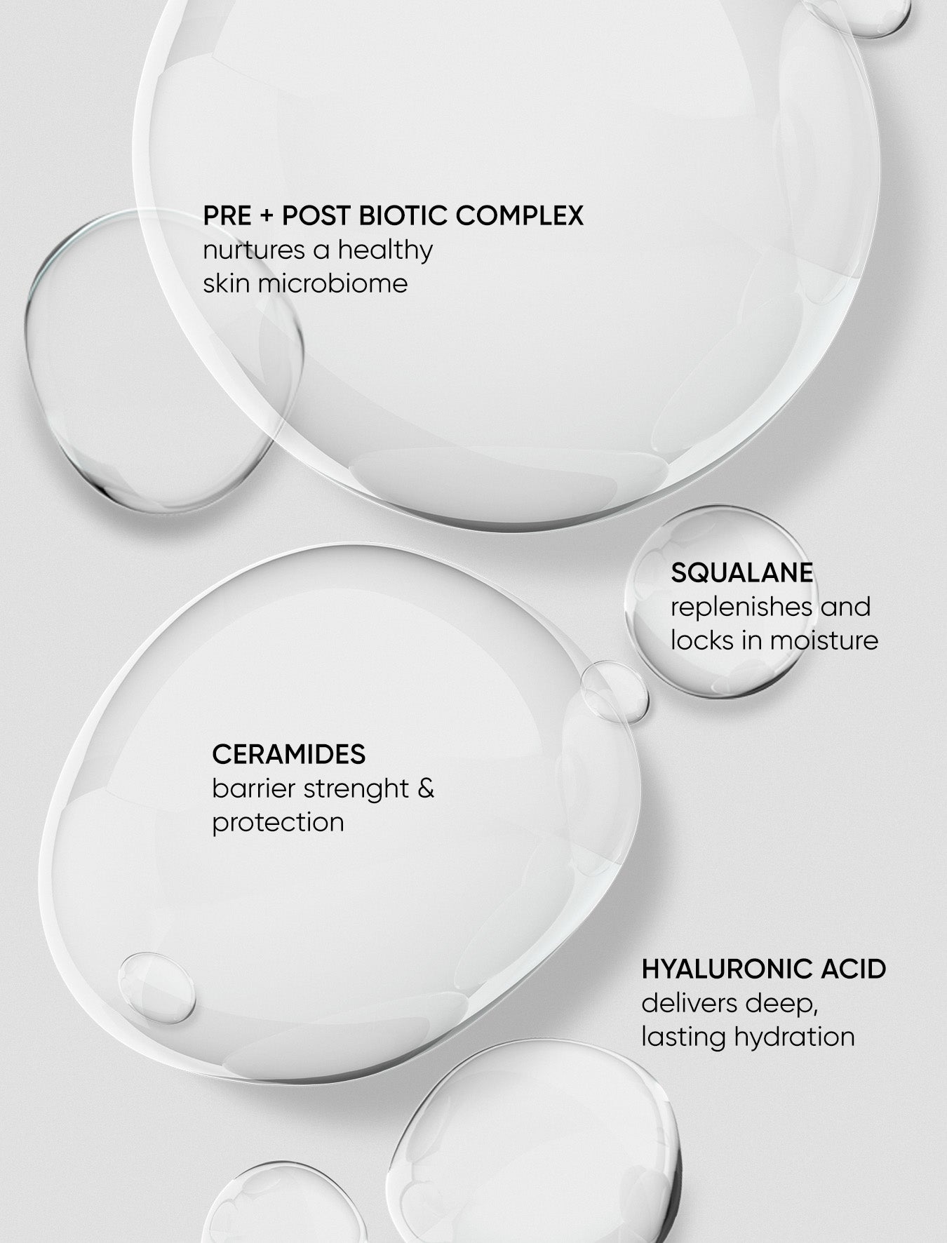 Skincare product with labeled ingredients on a light gray background