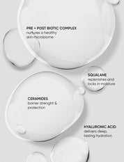 Skincare product with labeled ingredients on a light gray background