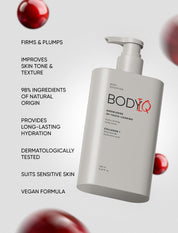 BODIQ skincare product with text highlighting features on a light gray background