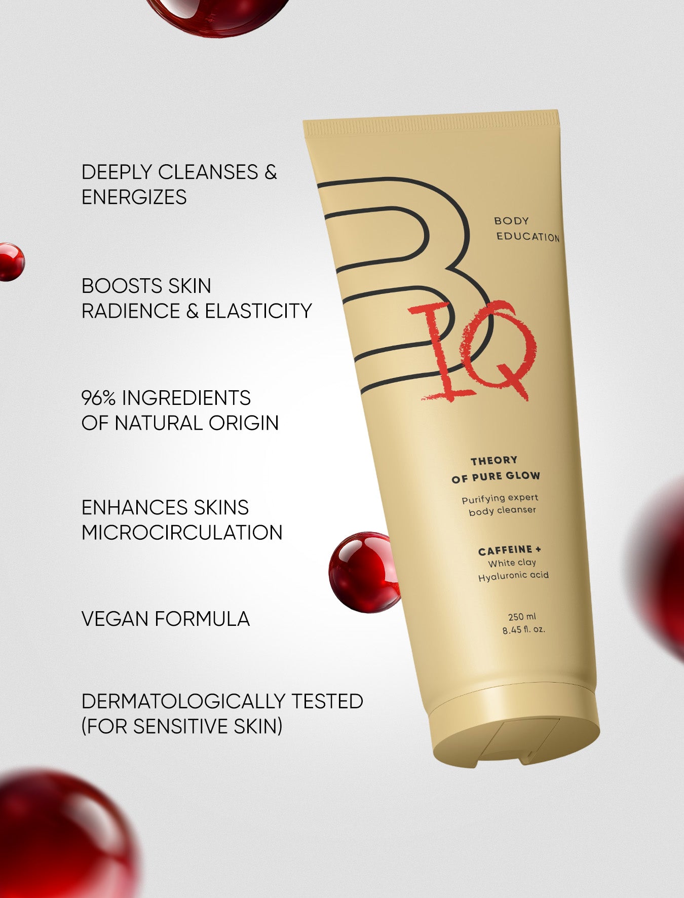 Tube of BODIQ cleanser with text highlighting benefits on a light gray background