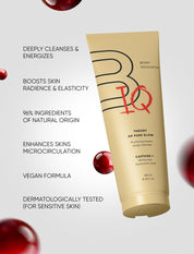 Tube of BODIQ cleanser with text highlighting benefits on a light gray background