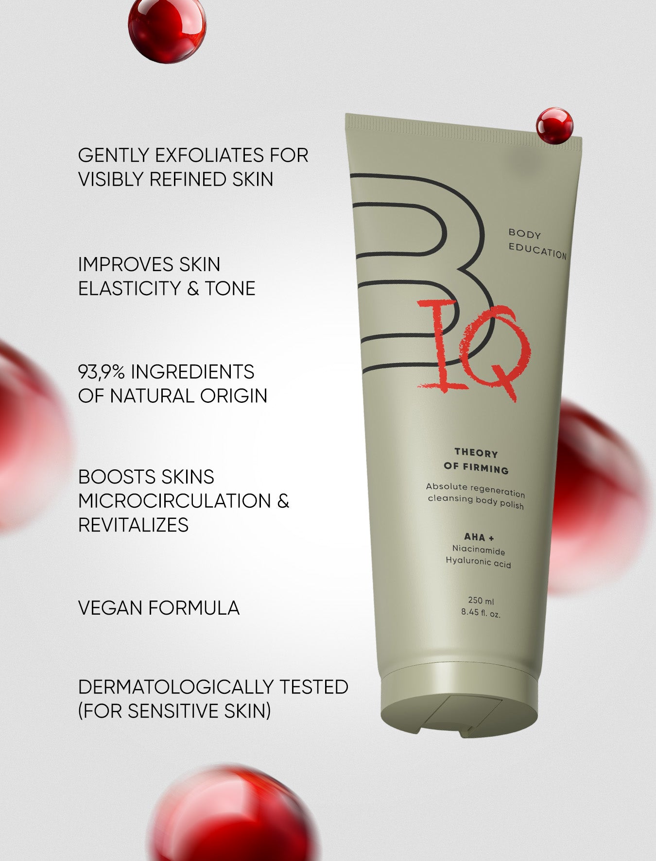 Tube of skincare product with text highlighting benefits on a white background