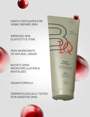 Tube of skincare product with text highlighting benefits on a white background