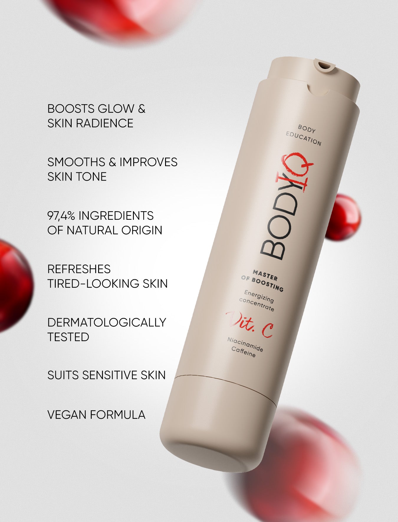 BODiQ skincare product with text highlighting benefits on a light background