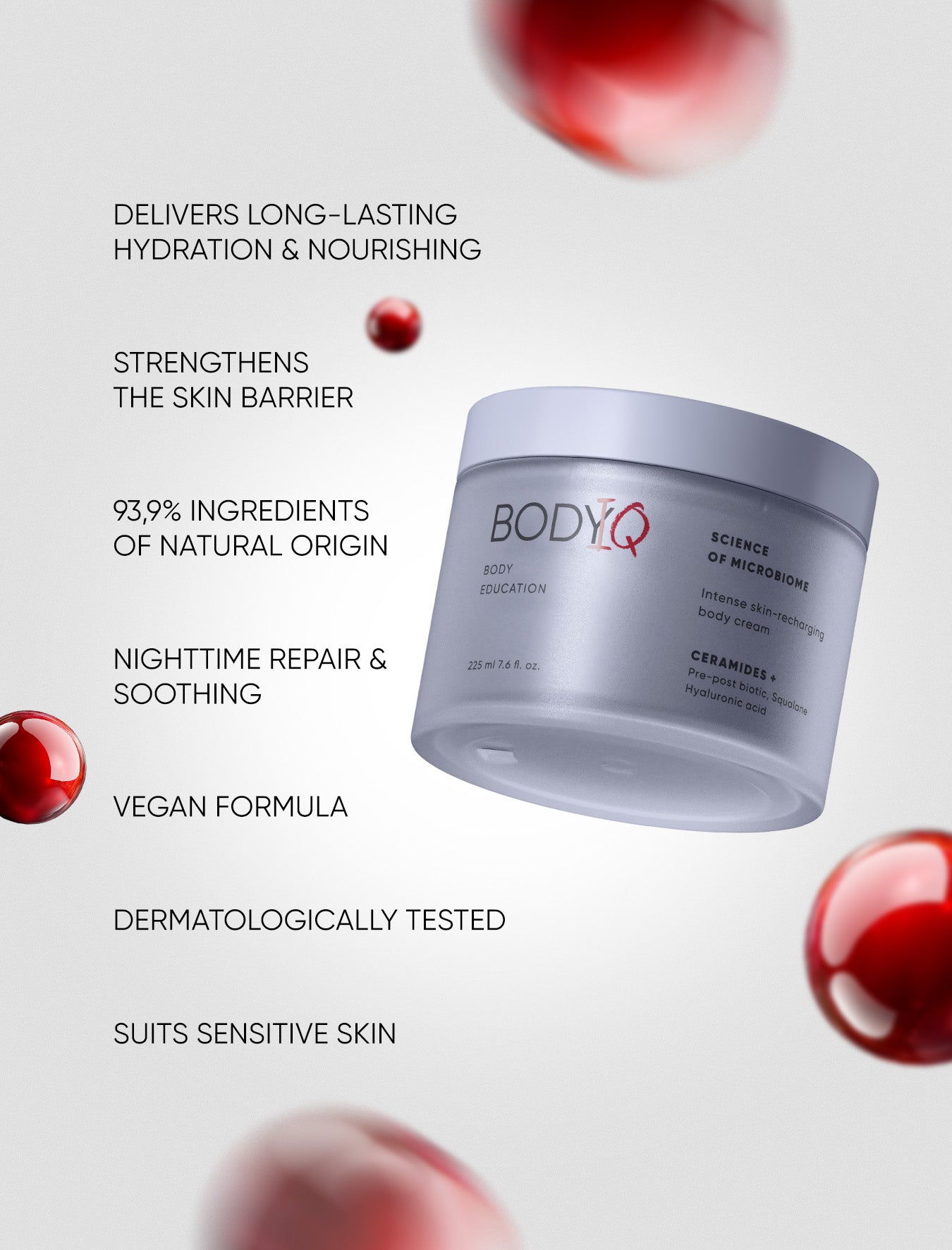 BODIQ skincare product with text highlighting features on a light background