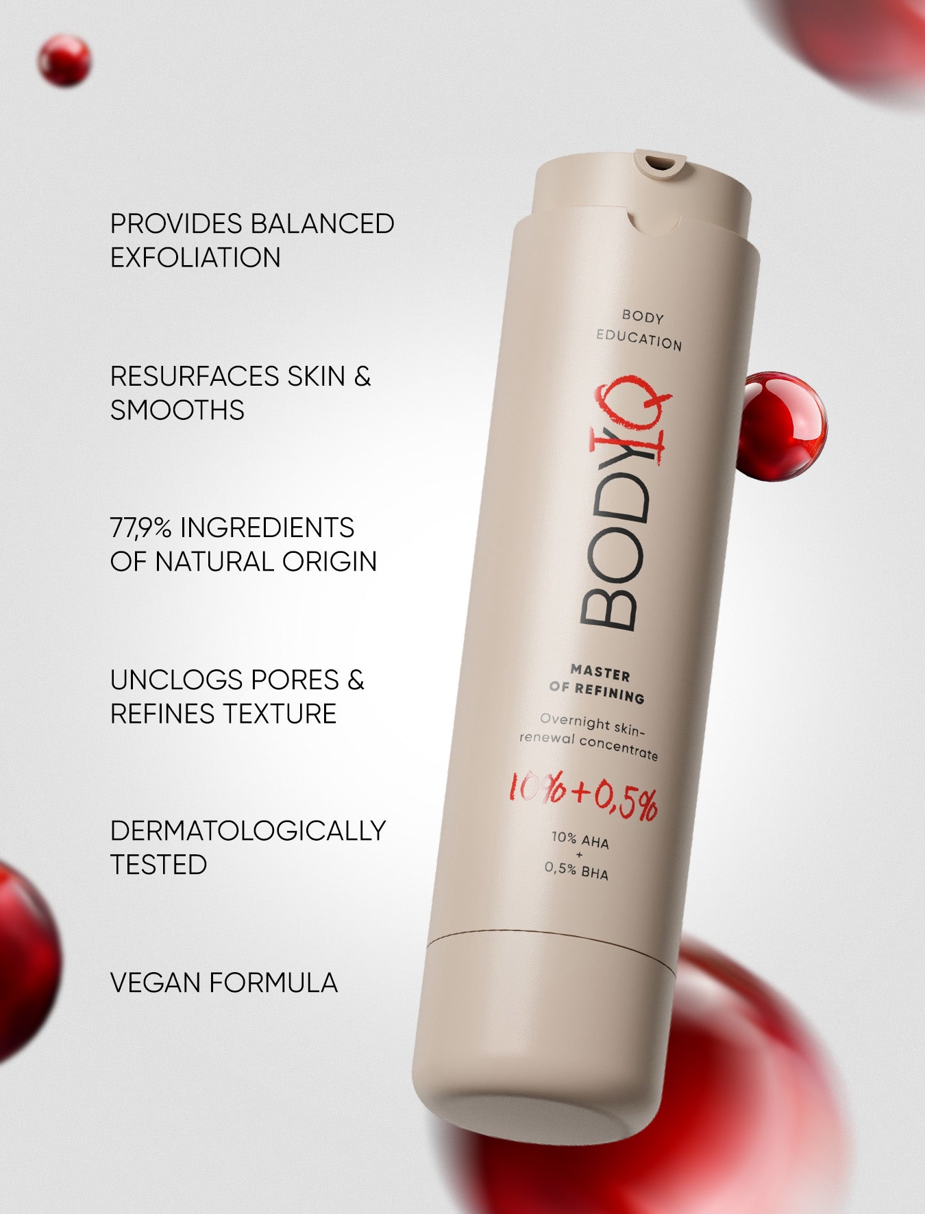 BODIQ skincare product with text highlighting features on a light background