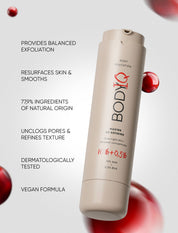 BODIQ skincare product with text highlighting features on a light background