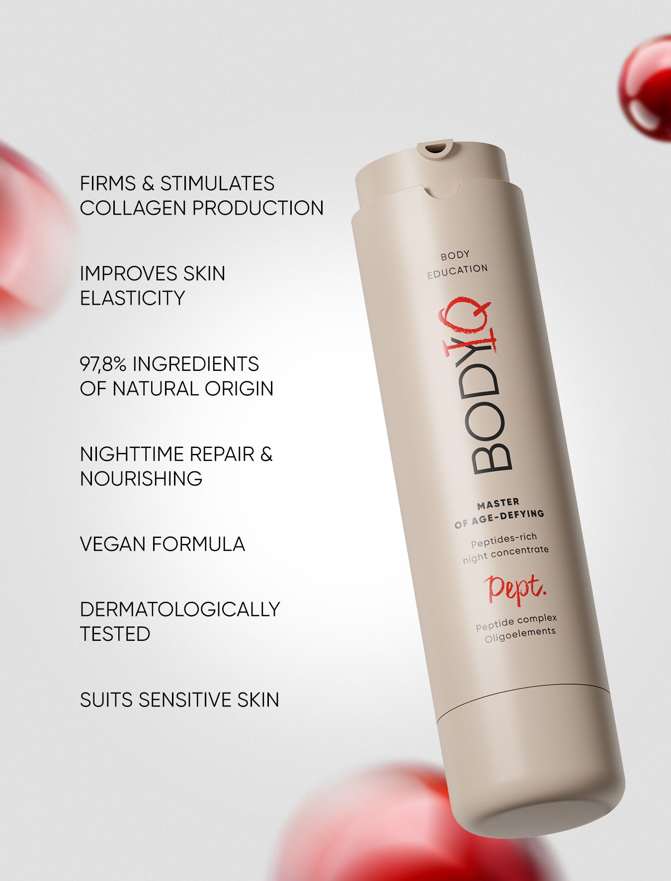 BODIQ skincare product with text highlighting features on a light background
