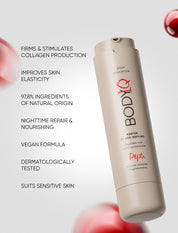 BODIQ skincare product with text highlighting features on a light background