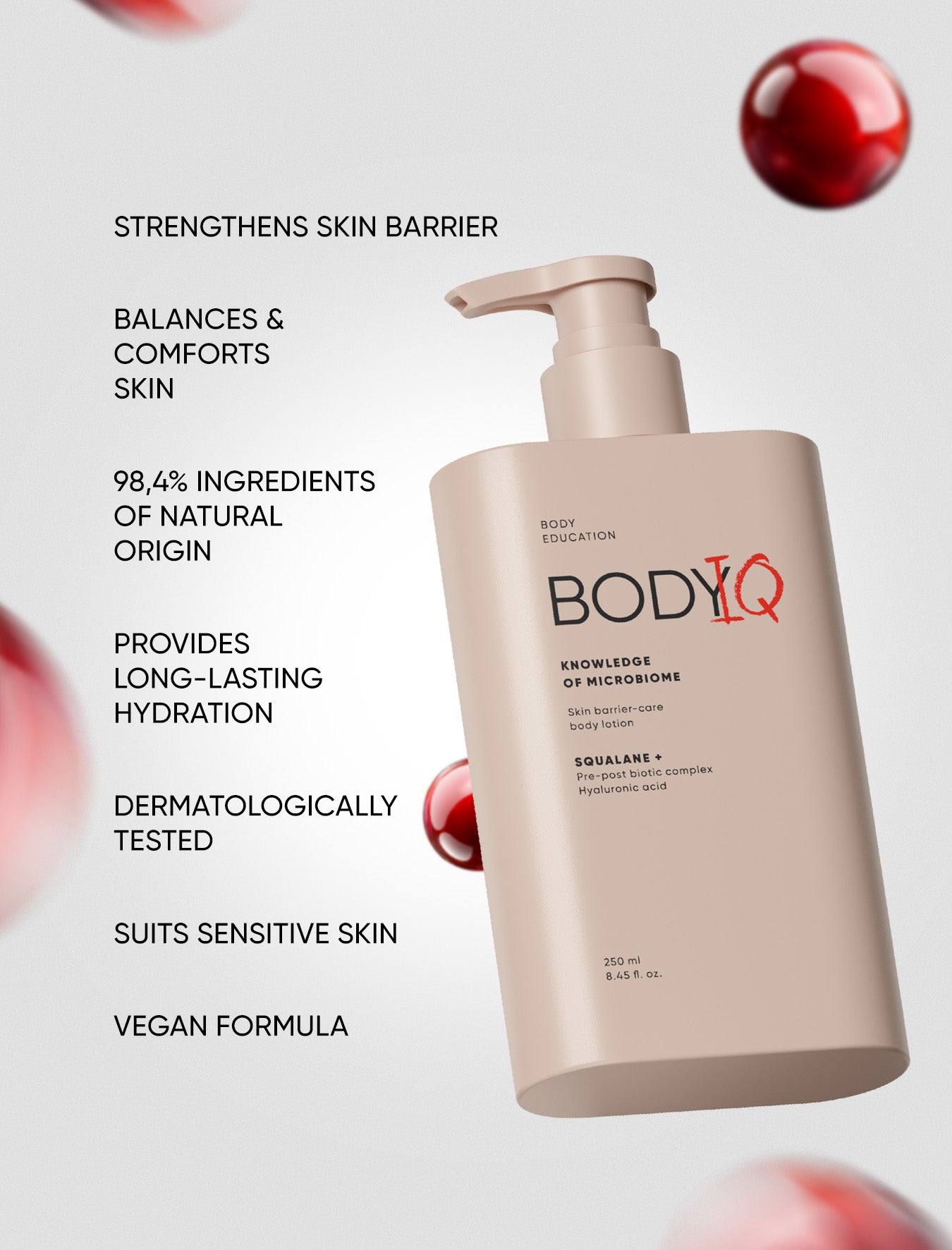 BODIQ skincare product with text highlighting benefits on a light gray background