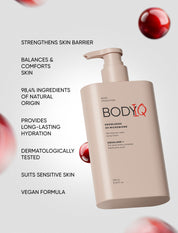 BODIQ skincare product with text highlighting benefits on a light gray background