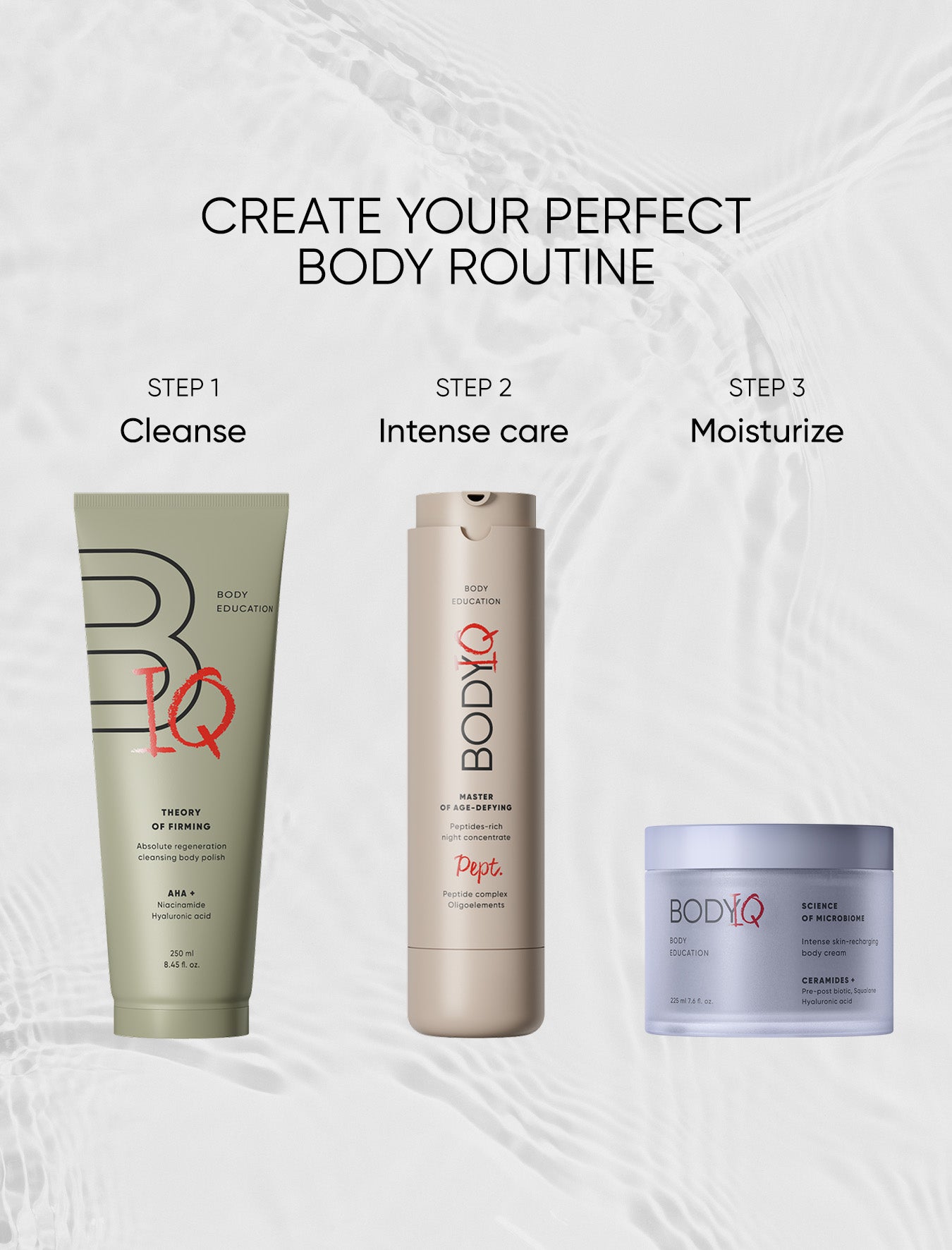 Three BODIQ skincare products with steps for a body routine on a light background