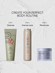 Three BODIQ skincare products with steps for a body routine on a light background