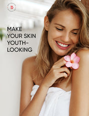 Woman holding a pink flower with text 'Make your skin youth-looking' on a blurred background