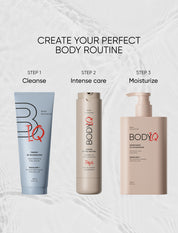 Three BODIQ skincare products with step-by-step instructions on a light gray background