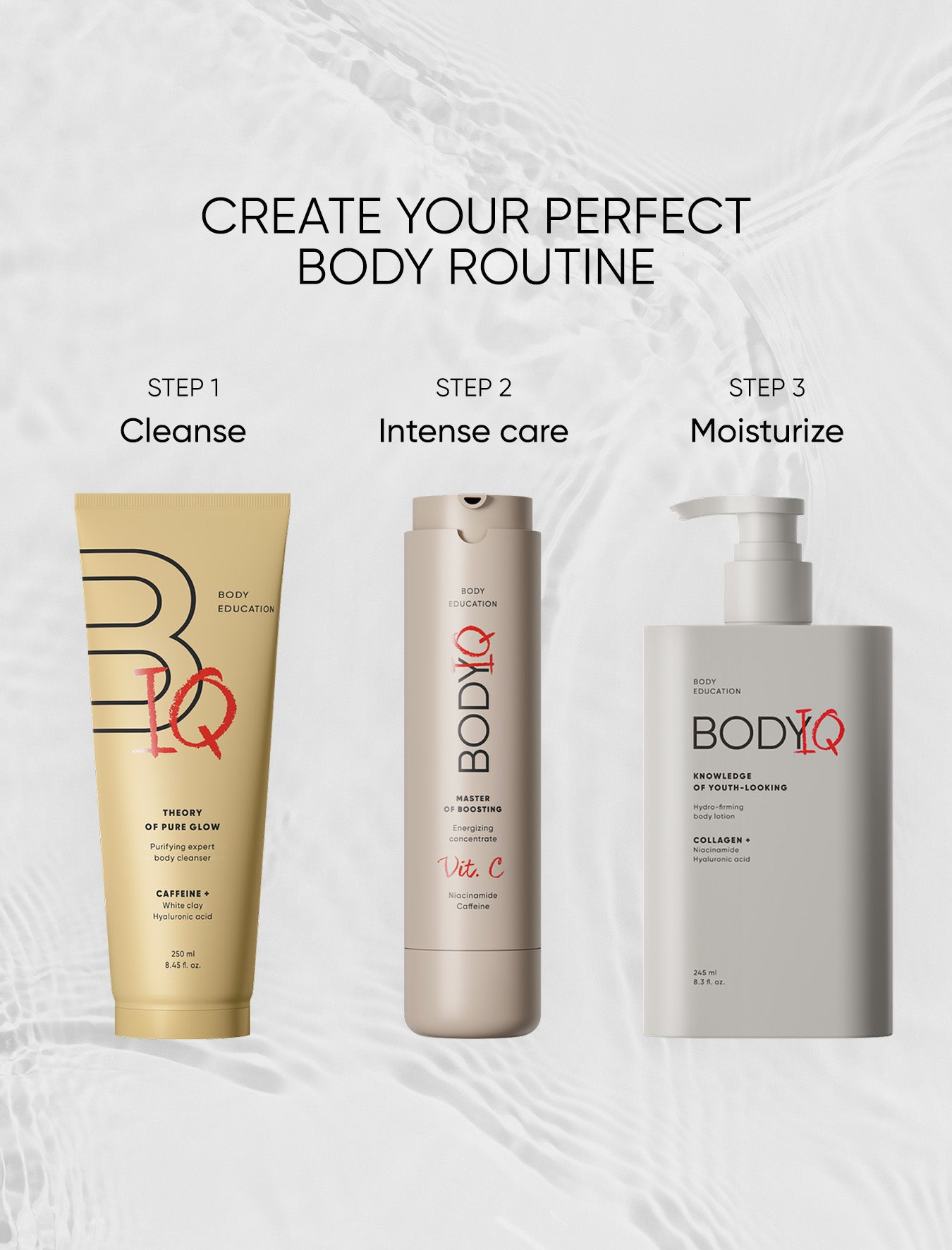 Three skincare products with step-by-step instructions for a body routine on a light background.