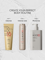 Three skincare products with step-by-step instructions for a body routine on a light background.