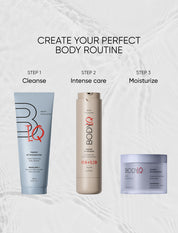 Three BODIQ skincare products with step-by-step instructions on a light gray background