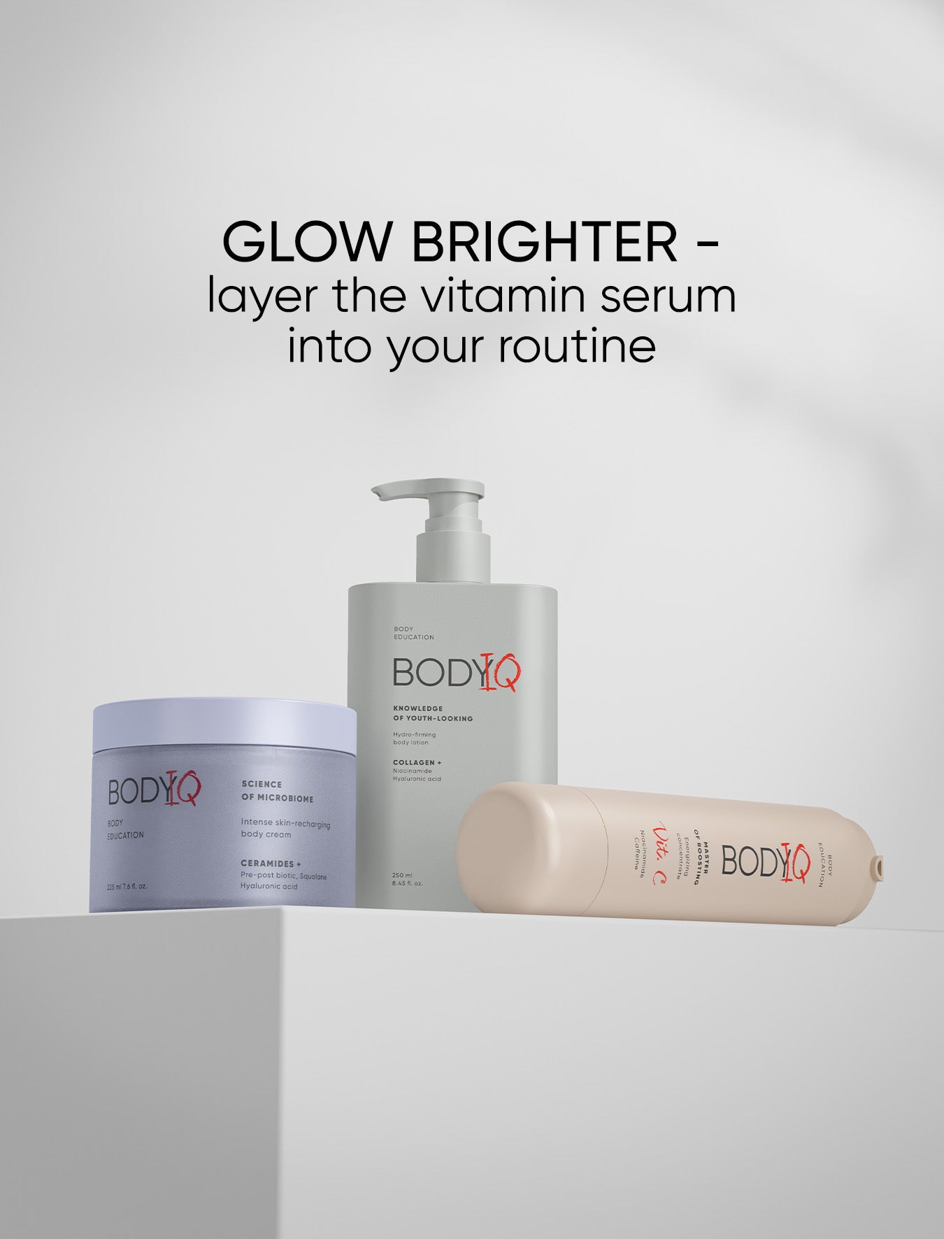 BODIQ skincare products on a white background with text 'Glow Brighter'.