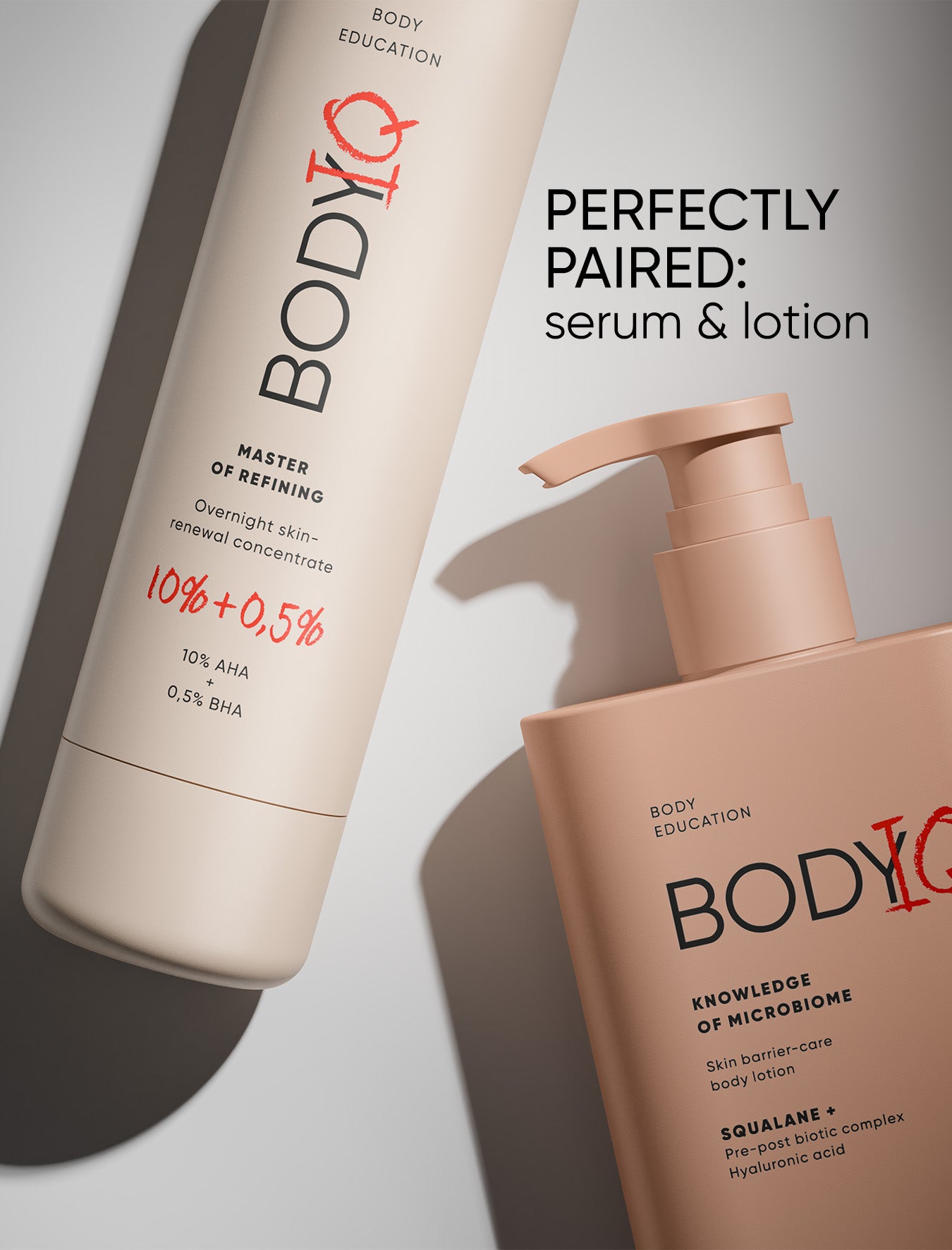 BODIQ serum and lotion on a light gray background