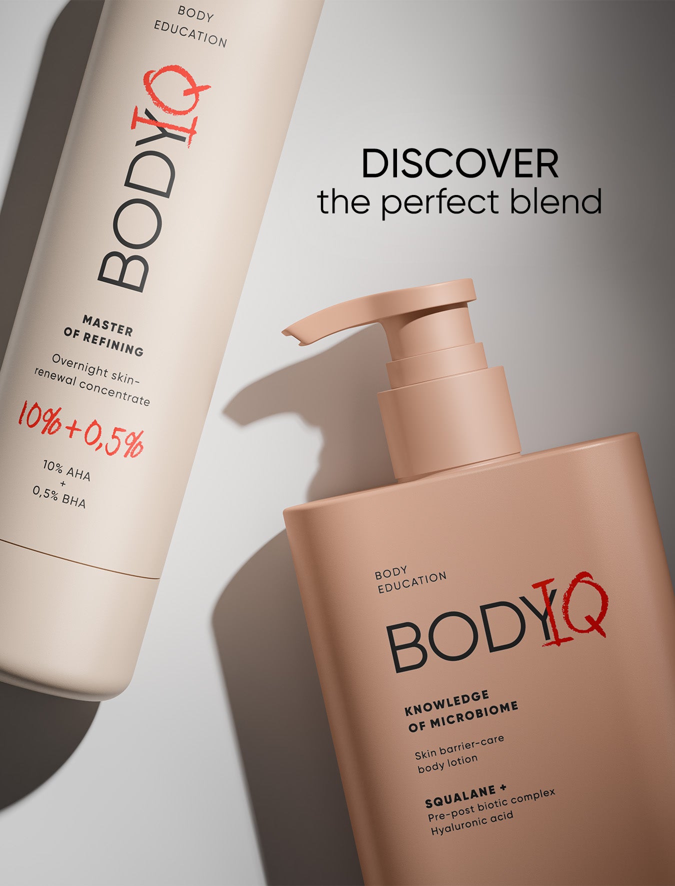 Two BODYIQ skincare products on a gradient background with text 'Discover the perfect blend'.
