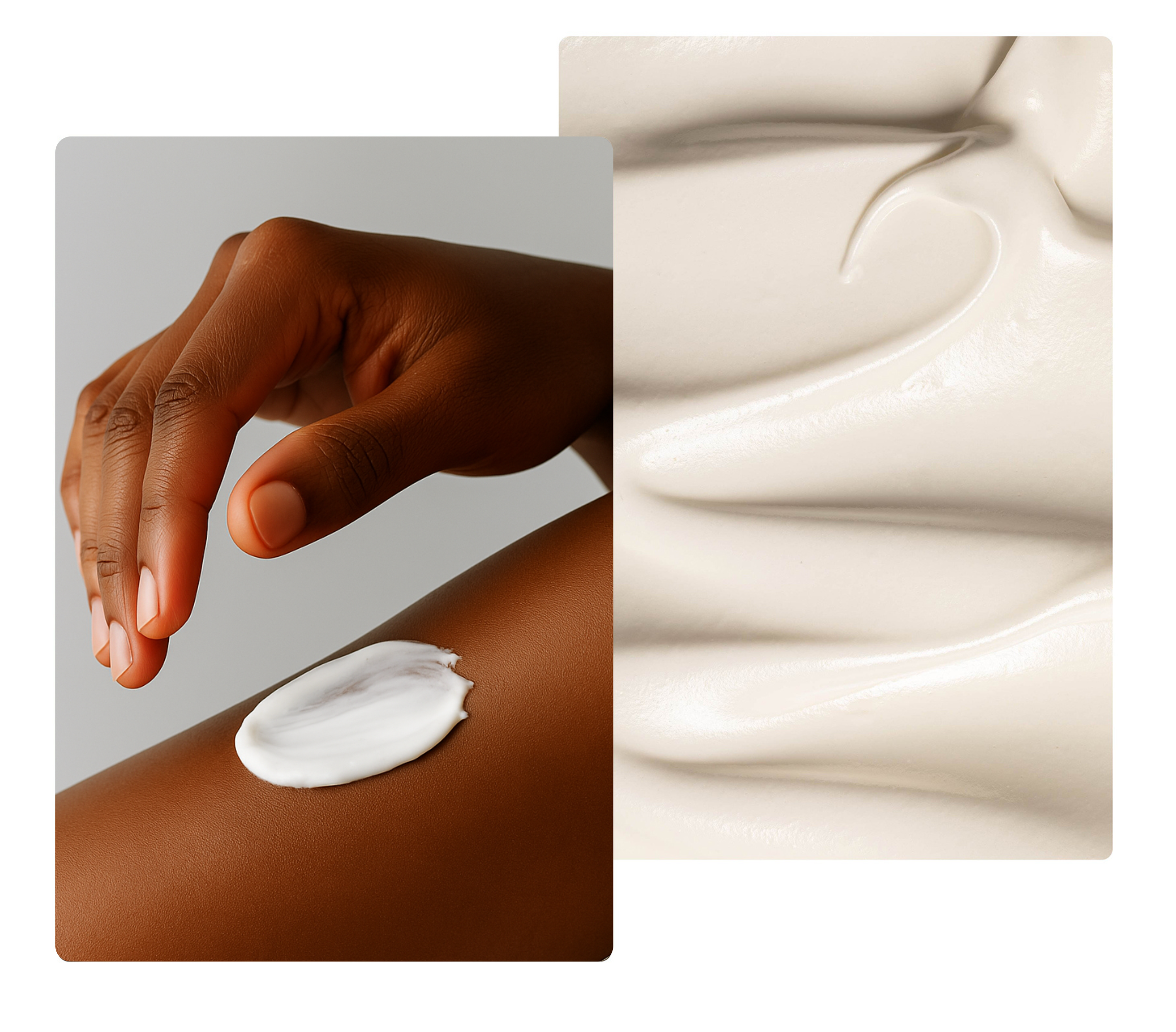Hand applying cream to skin with close-up of cream texture on a white background
